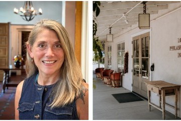 left picture: kim headshot; right picture: inn entrance