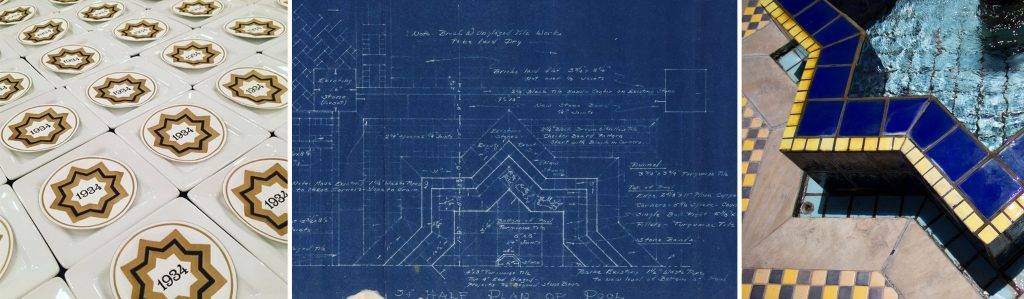Our coasters inspired by Meem’s blueprint and the finished fountain as it is today at the Inn courtyard