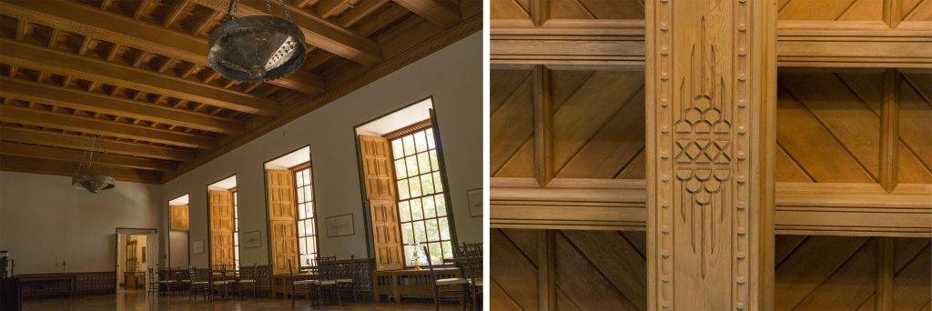 The grand ballroom at La Quinta features ornately hand-carved sugar pine beams and moldings.